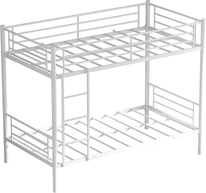 Bunk Bed Twin Over Twin, Metal Bunk Bed with Front Ladder and Safety Guardrail, Space-Saving Twin Bunk Beds for Kids, Teens & Adults, No Box Spring (Front Laddder, White)