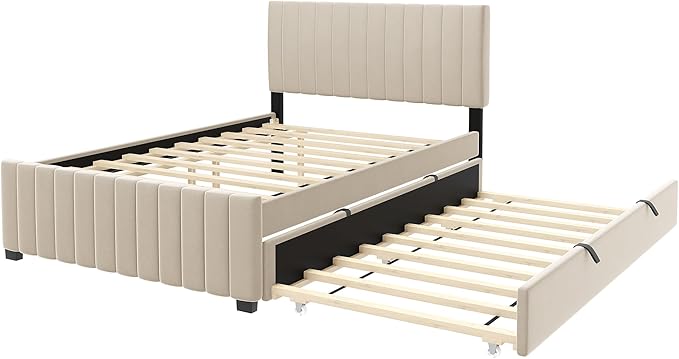 Bellemave Full Bed Frame with Trundle Bed,Velvet Upholstered Platform Bed Frame,Full Size Trundle Bed with Headboard for Kids Teens Adults,Beige