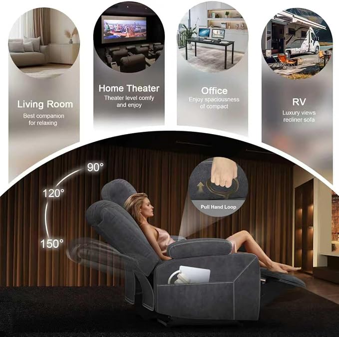 2026 Upgraded Recliner Sofa 3 Seater Couch with Recliner, Home Theater Seating with Liftable Console & Removable Armrest, Manual PU Leather Sofa Reclining with Storage & USB Ports (Velvet,Grey)