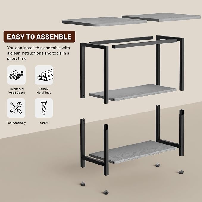 SLEEPING LAMB Side Table for Living Room, 3-Tier End Table for Small Space with Wide Storage Tabletop, Narrow Nightstand for Bedroom, Sofa Couch, Grey