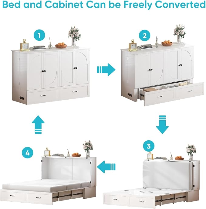CECER Queen Murphy Bed with Mattress,Space Saving and Easy Assemble-White | Built-in Multi-Port Charging Station & Large Storage Drawer,Sturdy frame & Easy to Move Track