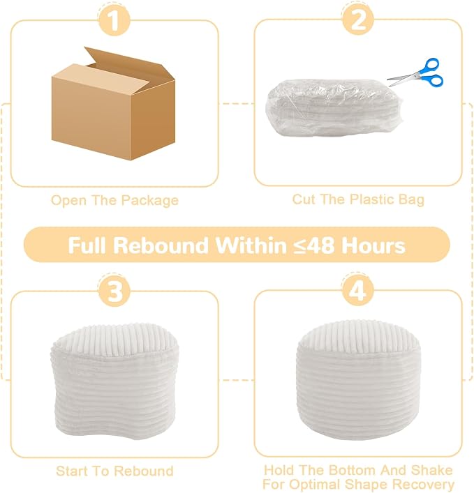 MeMoreCool Stuffed Round Pouf Ottoman Foot Rest, Soft Plush Floor Pouf Foot Stool, Corduray Footstool Footrest, Small Round Ottoman for Living Room Couch Sofa Chair, 20x15 Inch Beige