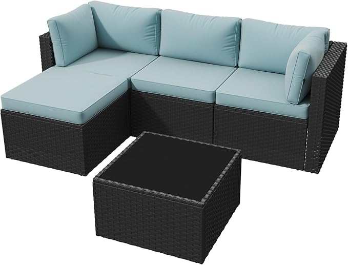 Aoxun Patio Furniture Set 5-Piece, Outdoor Sectional Sofas with Washable Cushion, Wicker Rattan Patio Conversation Sets for Backyard Porch and Poolside, Mint Blue