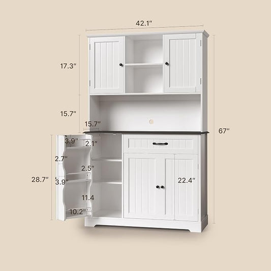 Gizoon Kitchen Pantry Cabinet with Microwave Shelf Tall Coffee Bar Cabinet with Doors and Shelves Farmhouse Kitchen Hutch with Storage for Dining Room and Craft Room, Painted White and Black