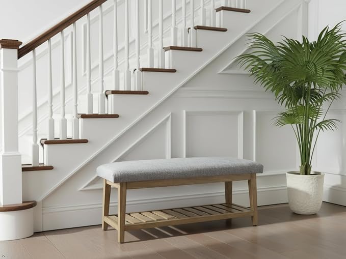 Zihanhome Entryway Bench, Chenille Upholstered Shoe Benches for Bedroom, Ottoman Benches with Solid Wood Shelf, Storage Bench for Hallway, Living Room(Grey)