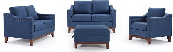 HAOMARKETS 4 Piece Fabric Sofa Set with Nailhead Trim, Included Comfy Accent Chair, Upholstered Loveseat 2-Seater Sofa Couches Set of 2 and Storage Ottoman with Flip-Top Table for Living Room,Blue