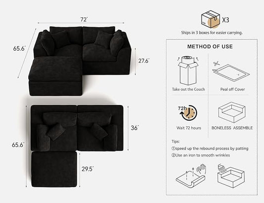 Loveseat Sofa with Ottoman | 72 Inch Modern Boneless Couch for Small Spaces | 2 Seater Small Sofa for Apartment Bedroom Living Room | BlackLove Seat