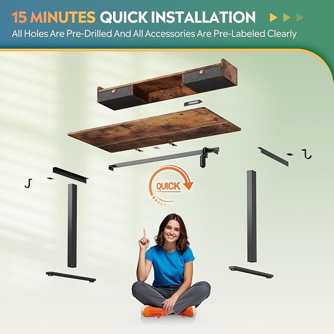 DEVAISE 48 Inch Electric Standing Desk with Shelf, 3 Adjustable Computer Desk for Home Office, with LED Touchscreen,Headphone Hook, 3 Memory Preset, with One-Piece Desktop, Rustic Brown