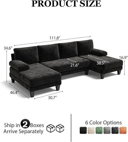 U-Shaped Sectional Couches for Living Room | 112 Inch Modern Sectional Couch | Black Chenille Sofa with Double Chaise for Apartment