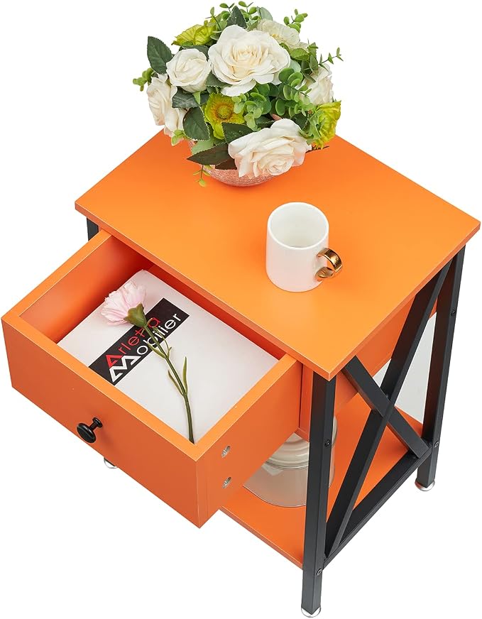 VECELO Nightstands Set of 2, Modern Bedside End Tables, Night Stands with Drawer and Storage Shelf for Living Room Bedroom, Industrial Metal Frame
