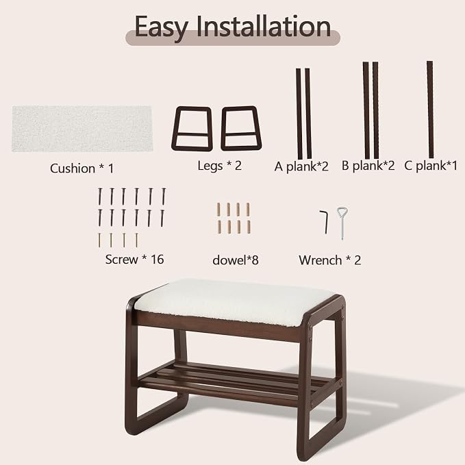 Achicsofar Small Shoe Rack Bench,2 Tier Solid Wooden Entryway Bench with Shoe Storage, Shoe Rack with Cushion for Living Room, Hallway(CreamWhite, 21.6")