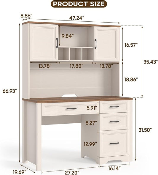 Vabches Farmhouse Executive Desk with 4 Drawers and Storage Cabinet, Rustic Large Home Writing Desk with Hutch, Workstation for Bedroom, White