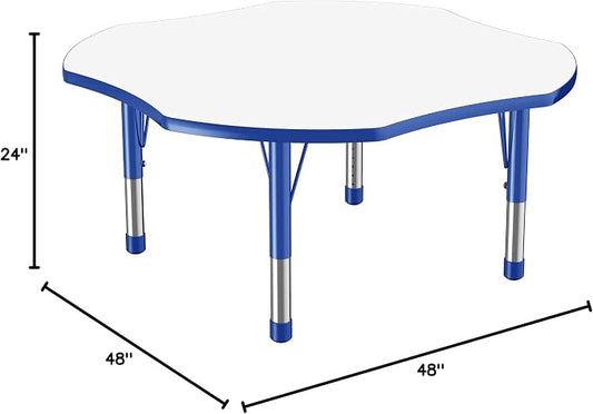 FDP Dry-Erase Clover Activity School and Classroom Kids Table (48 x 48 inch), Chunky Toddler Legs for Collaborative Spaces, Adjustable Height 15-24 inches - Whiteboard Top, Blue Edge and Blue Legs