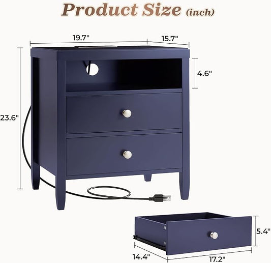 Huuger Blue Nightstand Set of 2, Night Stand with Charger Station, Bedside Table with 2 Drawers, Bed Side Tables for Bedroom, Modern Nightstands, Metal Knobs, Painted Surface