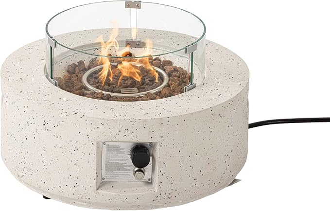 COSIEST Outdoor Propane Fire Pit Coffee Table, 28-inch Terrazzo Round Base Patio Heater, Certified, 40,000 BTU Stainless Steel Burner, Wind Guard, Free Lava Rocks, Waterproof Cover