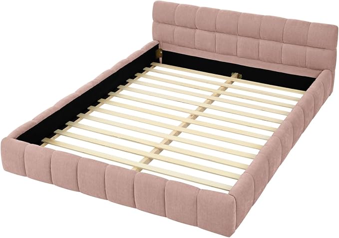 KEIKI Queen Thick Chenille Platform Bed Frame with Upholstered Tufted Headboard, Modern Solid Wood Floor Platform for Bedroom, No Box Spring Needed