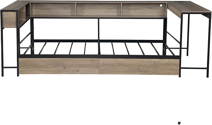 Bellemave Twin Size Corner Bed Frame with Storage Drawers, Bookcase and Side Desk, Twin Corner Bed with Light and Charging Station, Daybed for Bedroom, Living Room, Guest Room Gray