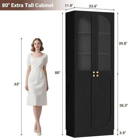 Cyclysio 80" Kitchen Pantry, Tall Arch Storage Cabinet with Tempered Glass & Soft Close Doors, Freestanding Wood Floor Cupboard Bookcase with Seamless Fit Wall for Dining Room, Living Room, Bathroom