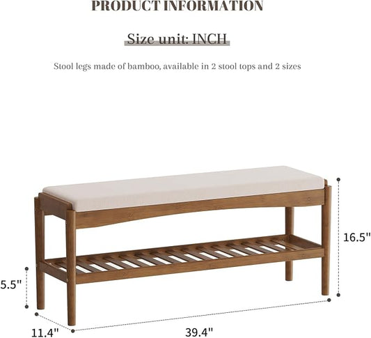 STDDRE Shoe Bench Entryway Bamboo 2-Tier Shoe Rack with Cushion Padded Seat Shoe Bench Organizer Stable for Entry, Hallway, Living Room, Bedroom, Closet (39.4 * 11.4 * 16.5IN, Brown-Beige)