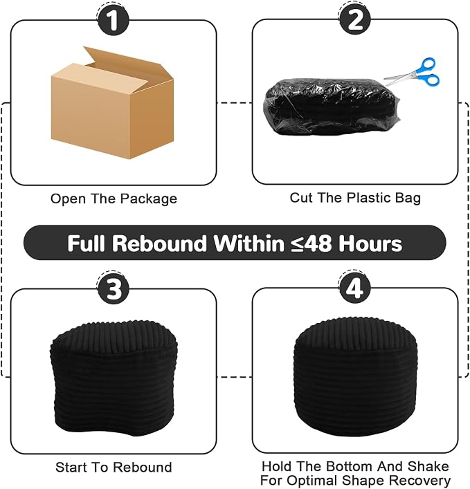 MeMoreCool Stuffed Round Pouf Ottoman Foot Rest, Soft Plush Floor Pouf Foot Stool, Corduray Footstool Footrest, Small Round Ottoman for Living Room Couch Sofa Chair, 20x15 Inch Black