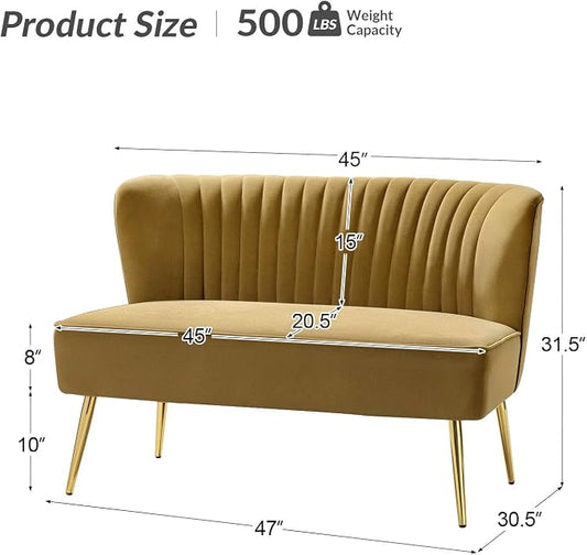 TINA'S HOME Mid-Century Velvet Loveseat Sofa, Upholstered Loveseat Couch with Golden Metal Legs, Small Tufted 2-Seat Sofa Armless Love Seat for Living Room Bedroom, Golden