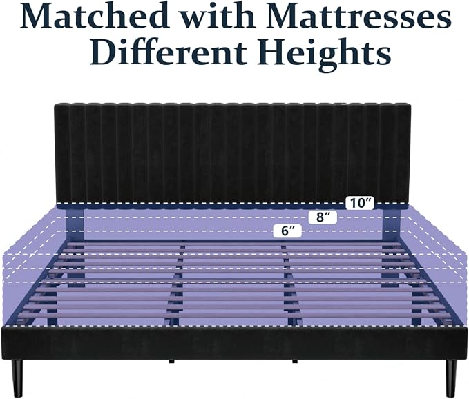 HAOARA King Size Bed Frame, King Size Platform Bed Frame and Velvet Upholstered Headboard with Strong Wood Slats, Box Spring Optional, Mattress Foundation, Easy Assembly Black