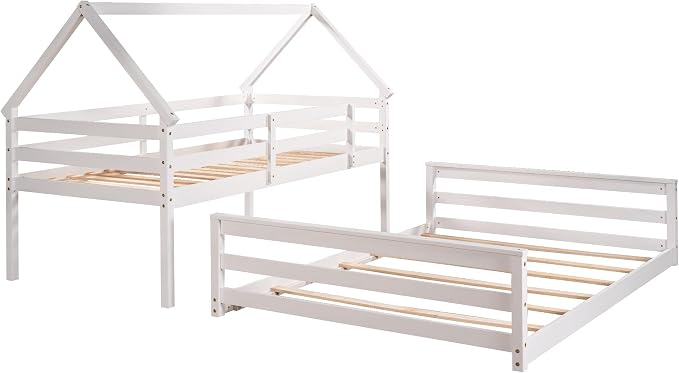 Merax House Floor Bunk Bed with Ladder Twin Over Full,Wood Low Bunk Bed with Full-Length Gardrail, Space-Saving,No Box Spring Needed White