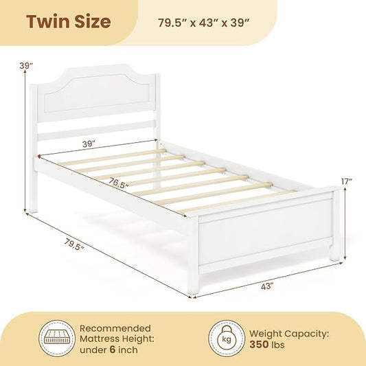 Giantex Twin Size Wooden Bed Frame with Headboard, Wood Slat Support | Farmhouse Platform Bed with Heavy Duty Mattress Foundation, Under-Bed Storage, No Box Spring Needed, Easy Assembly (White)