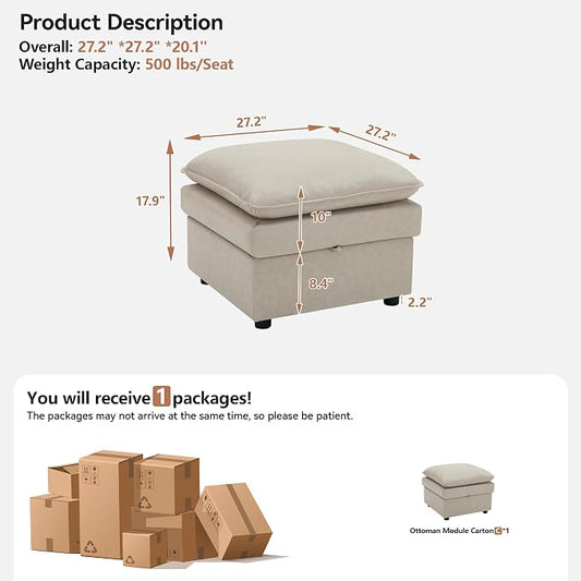 27" Beige Faux Leather Storage Ottoman, Large Square Footrest for Couch | Lift-top Storage Keeps Blankets and Clothes Organized, with Padded Upholstery and Anti-slip Legs for Bedroom, Living room.