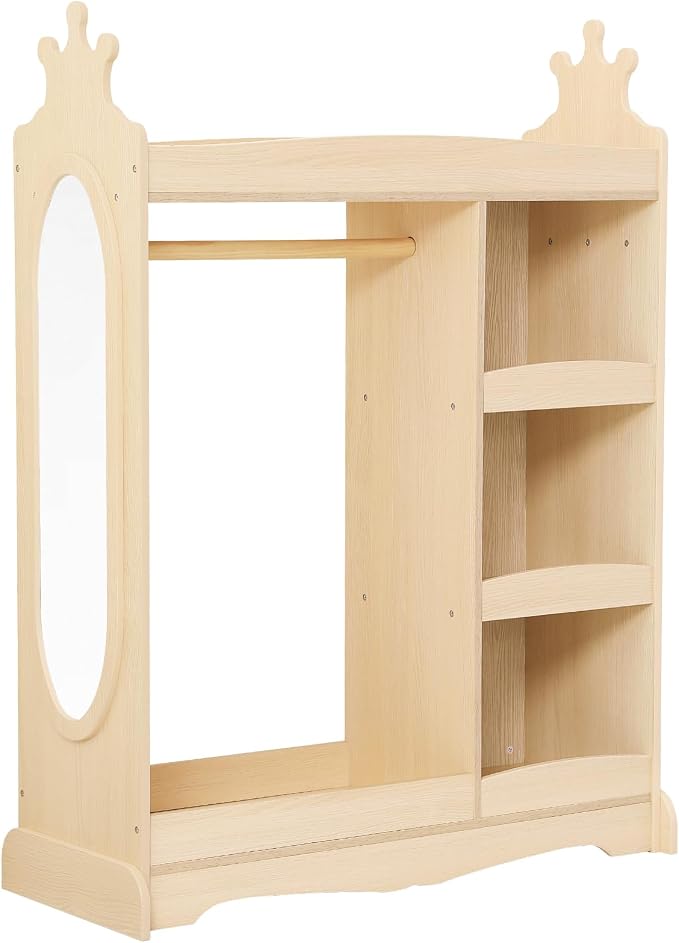 Curipeer Kids Dress up Storage with Mirror, Kids Wardrobe with Storage & 3 Hooks, Kids Closet for Girls Boys, Kids Costume Organizer, Open Hanging Armoire Wardrobe Closet for Bedroom, Natural