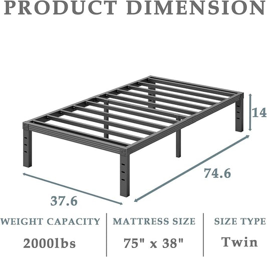 FSCHOS Heavy Duty Twin Size Metal Bed Frame, Black, 14 Inch, No Box Spring Needed, Easy Assembly, Stable Structure, 2000 LB Weight Capacity
