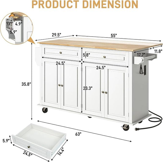 Hlivelood 63" Movable Kitchen Island with Drop Leaf and Power Outlet, Rolling Island Cart w/Storage Cabinet, Island Table on Wheels for Kitchen w/2 Drawers, Spice Rack, Towel Bar, Garage Hook, White