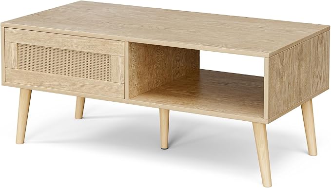 ZttRiee Rattan Coffee Table with Sliding Doors, Mid-Century, Natural | 39.4"L x 19.7"W x 16.5"H, 220 lbs capacity, 2 compartments, solid wood legs, ~30 min assembly