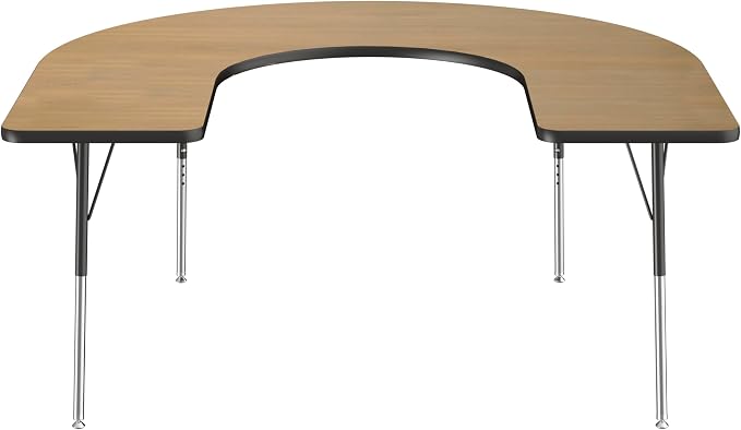 FDP Horseshoe (60 x 66 inch) Collaborative Teacher Classroom Table with Adjustable Standard Swivel Glide Legs (19-30 in) School and Office Furniture - Pasadena Oak Top/Black Edge and Legs