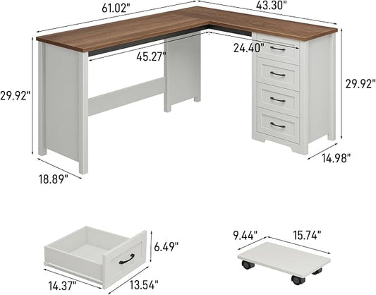 Vabches 61”Farmhouse L Shaped Executive Desk with Drawers, Corner Computer Desk with Mobile CPU Stand, Wood Writing Computer Desk for Work, Study