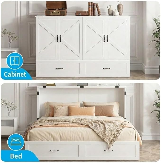 Mjkone Murphy Bed, Cabinet Beds Queen Size with Mattress Included, USB Charging Port, Drawer, Space Saving Queen Murphy Chest Bed, Hidden Cabinet Guest Wall Beds for Bedroom, Apartment, White