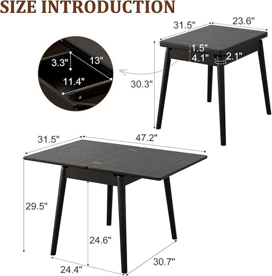 Solid Wood Small Dining Table, 23.6"L-47.2"L Expandable Kitchen Table for 2-6, Designed for Small Spaces, Easy Assembly, Suitable for Kitchen, Dining Room, Living Room, Apartment (Black)