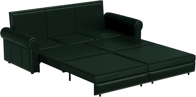 93.7" King Pull Out Sofa Bed, Faux Leather Sleeper Sofa Couch, 3 in 1 Convertible Futon Couches for Living Room, Small Space, Apartment, Office, Bedroom, Modern Rivet Armrest, Green