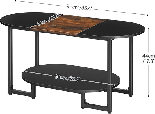 HOOBRO Coffee Table for Living Room, Oval Small Coffee Table with 2-Tier Open Storage Shelf, Industrial Cocktail Tea Table, Wooden Desktop Center Table, Home Office, Rustic Brown and Black BFK09KF01