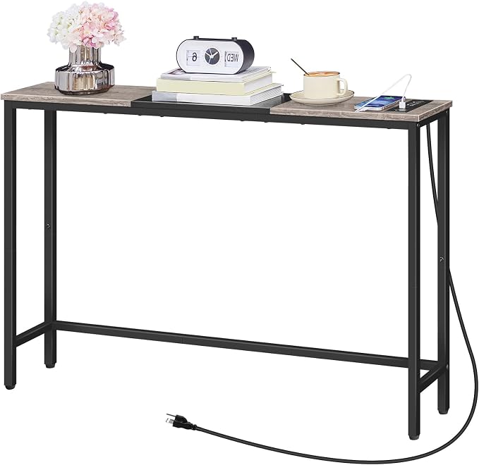 HOOBRO Narrow Console Table with Power Outlets, 44.9 Inches Sofa Table, Slim Behind Couch Table, Entryway Table with Display Shelf, for Living Room, Foyer, Hallway, Greige and Black BG114UXG01