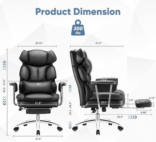 DUMOS Home Office Desk Executive Chair - Ergonomic Big Tall High Back with Footrest & Lumbar Support, Reclining Height Adjustable, Comfy PU Leather Computer Gaming with Swivel Wheels, Black