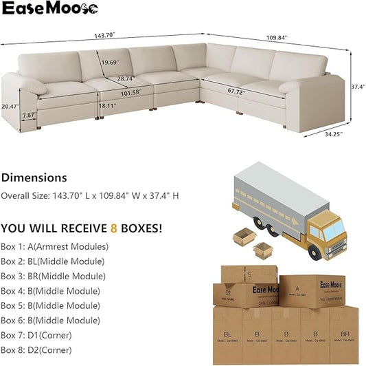 EASE MOOSE Oversized Modular Sectional Sofas,Leather Sectional Couch, Wide Deep Seat Modular Couch, Scratch Resistant Faux Leather Material, L Shaped Sofa for Big Spaces,Beige