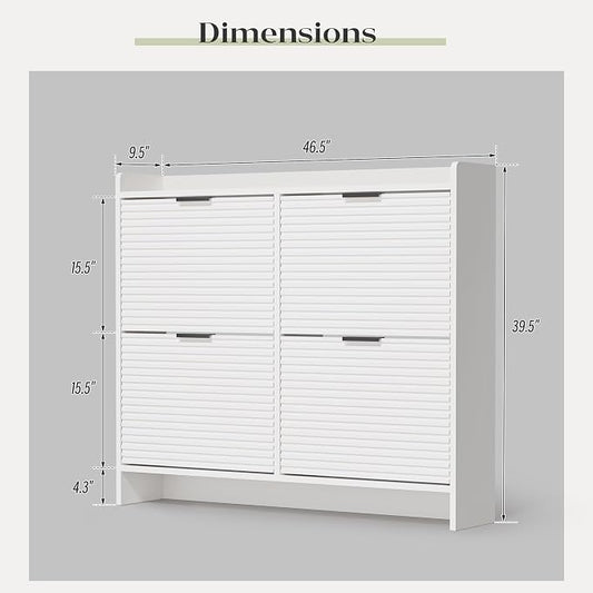 MU 46.5" W Fluted Shoe Storage Cabinet for Entryway, Shoe Cabinet with 4 Flip Drawers, Narrow Wood Shoe Rack Cabinet, Freestanding Hidden Shoe Organizer with Wooden Legs for Hallway, Entrance, White