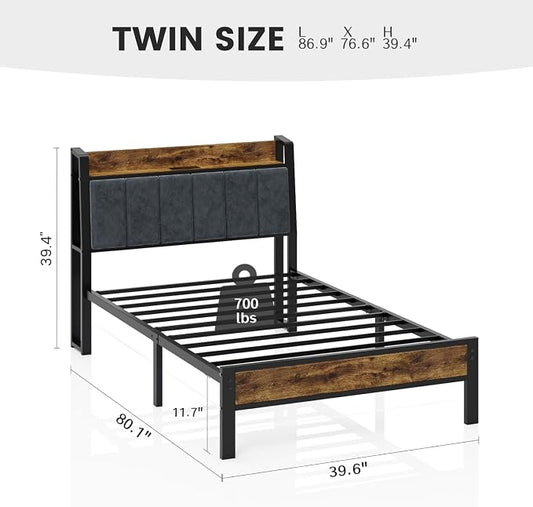 Liians Twin Size Bed Frame with Storage Headboard and Charging Station, Smart RGB LED Lights, Metal Platform Bed with USB & Type-C Ports, Noise Free, Easy Assembly, No Box Spring Needed