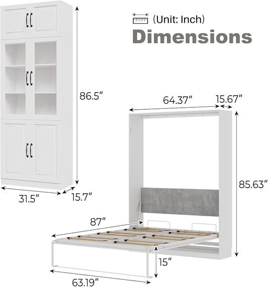 Bobve Farmhouse Murphy Bed Queen, 85" Wall Bed Folds to Save Space, Concealed Bed Frame with 2 Glass Storage Cabinets and Wall Mounted Features for Apartment/Office/Guest Room