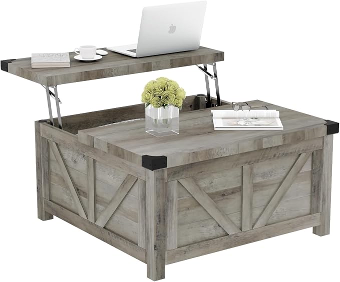 jimeimen Farmhouse Lift Top Coffee Table with Storage, Wood Square Center Table with Charging Station&USB Port, Living Room Table w/Large Hidden Space, for Living Room, Bedroom, Home Office, Grey