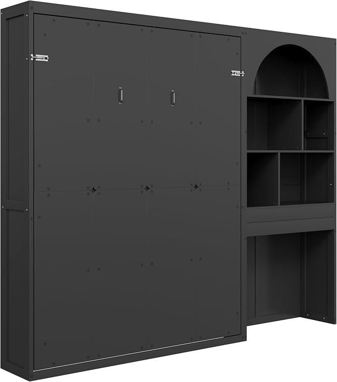 Merax Farmhouse Multi-Functional Murphy Bed with Cabinets & a Drawer,White | Queen Size Solid Wood Foldable Wall Platform Bed Upholstered Headboard for Guest-Room, Bedroom/ Space Saving