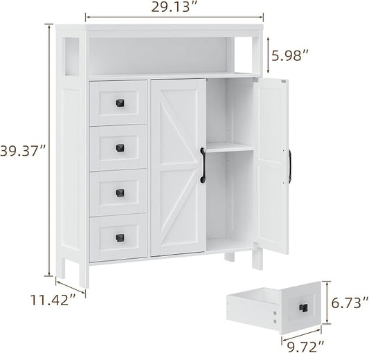 Vabches Farmhouse Storage Cabinet with 2 Doors and 4 Drawers, Freestanding Bathroom Compartment Kitchen Pantry Cabinet, Floor Cupboard for Kitchen/Living Room/Bathroom,White