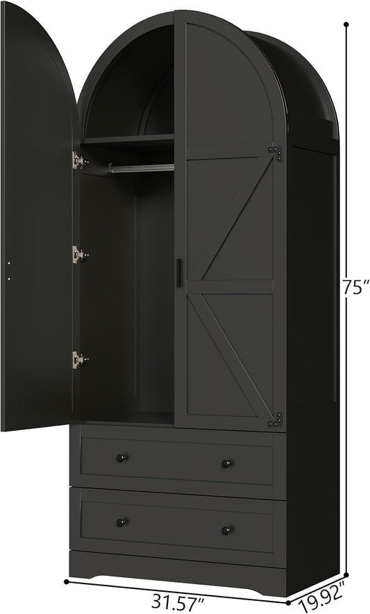 Gyfimoie Black Armoire Wardrobe Closet with 2 Drawers, 75" Wooden Wardrobe with 2 Doors, Freestanding Closet Armoire Cabinet with Hanging Rack, Clothing Storage Cabinet for Bedroom (Black)