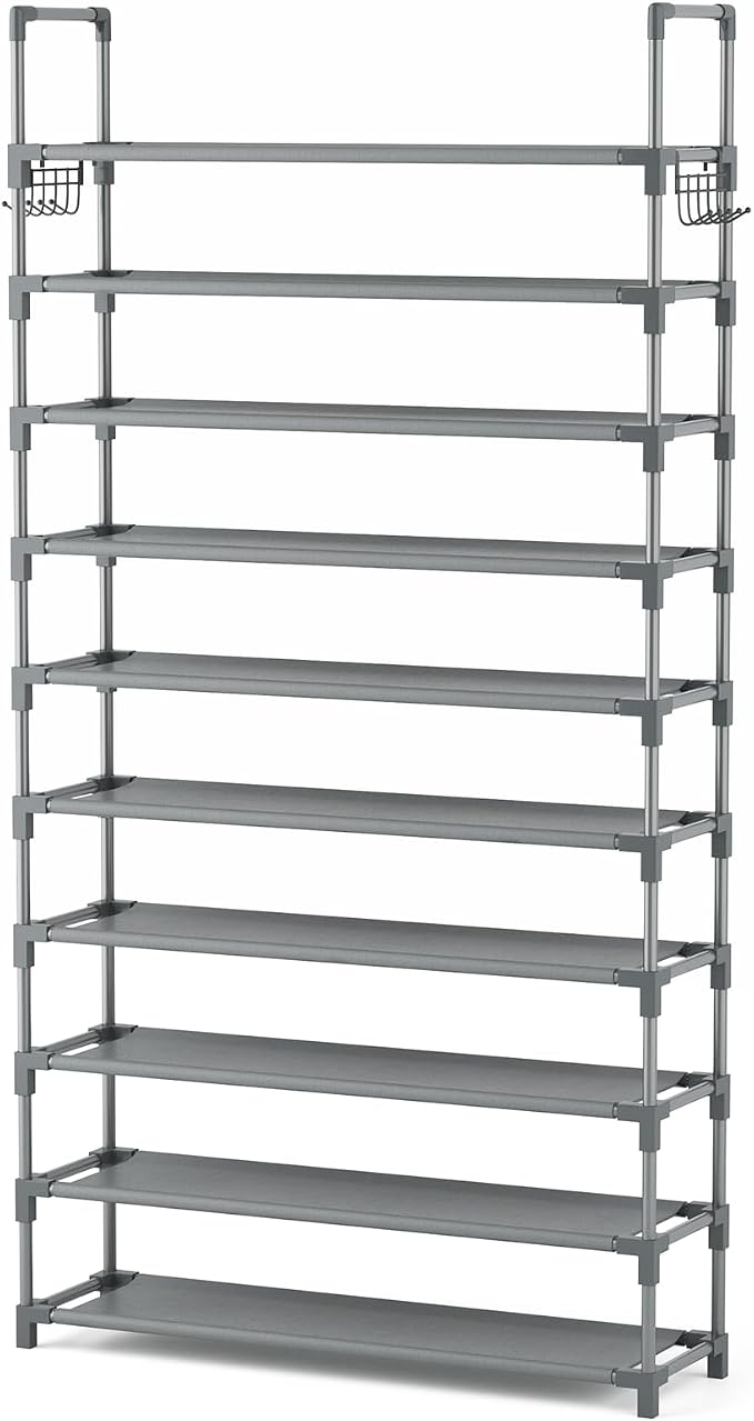 VTRIN 10 Tiers Shoe Rack Tall Large Capacity Wide Shoe Organizer Sturdy Shoe Shelf for Entryway with Two Hooks Metal Shoe Storage for Closet, Bedroom, Grey